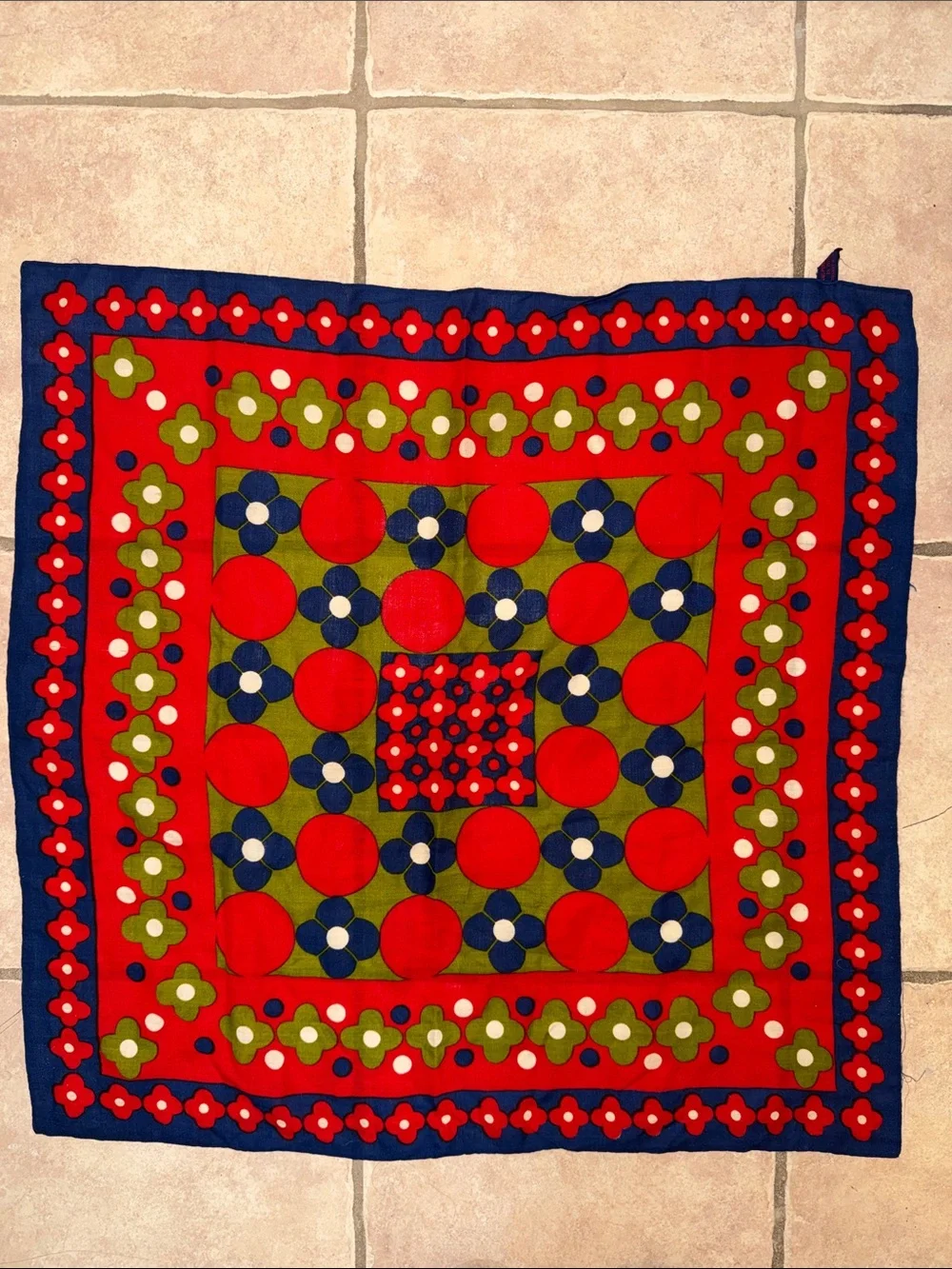 Vintage Japanese Pure Wool Bold Floral Square Scarf in Red, Navy & Olive